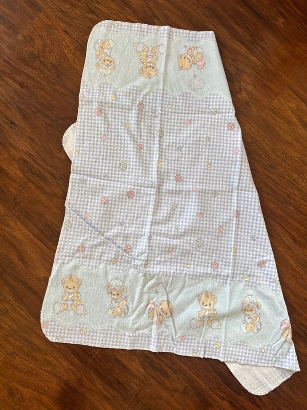 Vintage Precious Moments Baby Blanket Teddy Bear Buttons Flannel Receiving